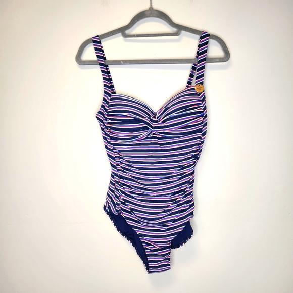 Nip Tuck Swimsuit One Piece Striped Navy Red Black Halter Slimming Womens 8  NEW - Picture 1 of 6